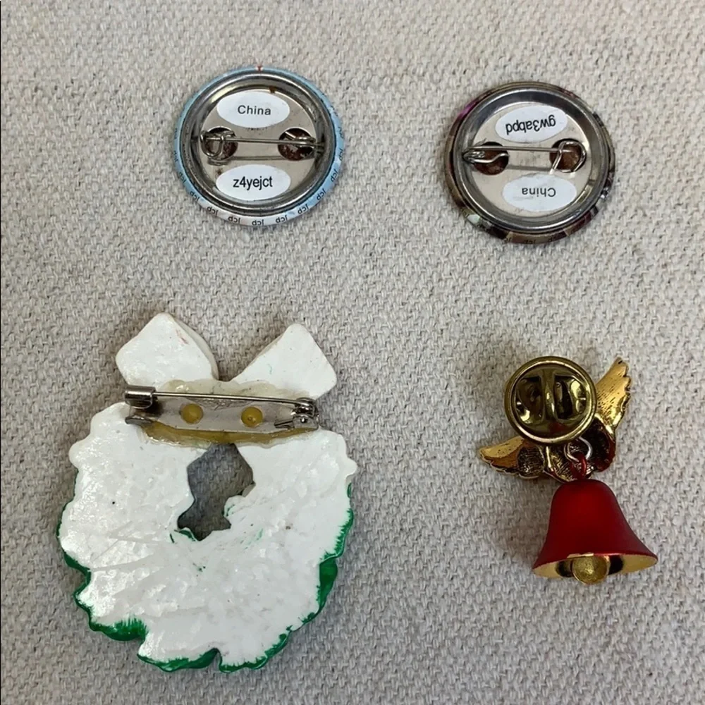 4 Holiday Theme Pins wreath angel Santa ornaments